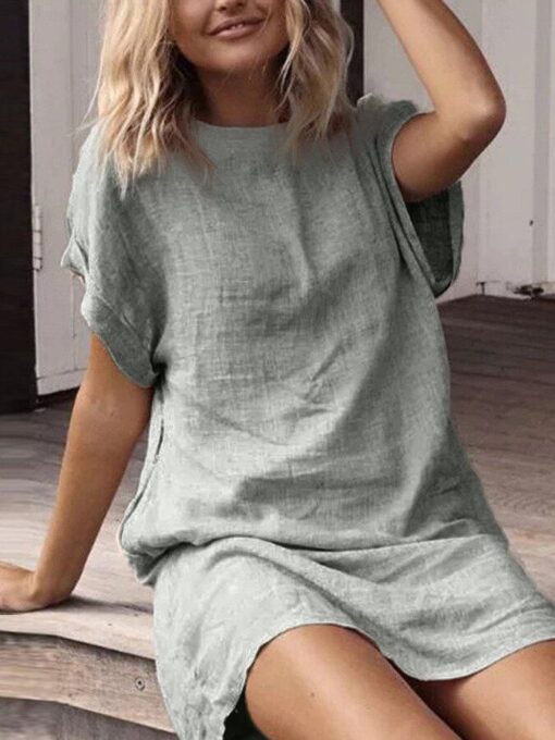 Loose Casual Solid Short Sleeved Cotton Linen Dress - Image 4