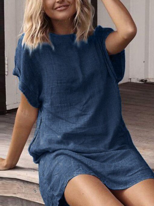 Loose Casual Solid Short Sleeved Cotton Linen Dress - Image 6