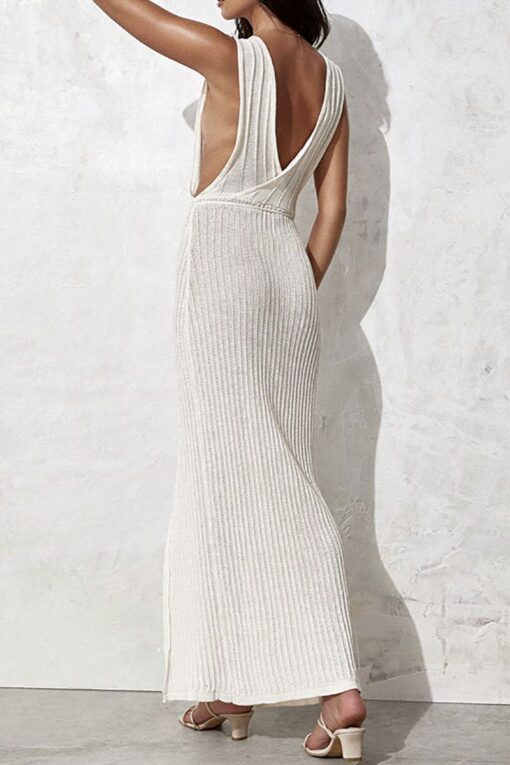 Ribbed Knit V Neck High Slit Sleeveless Cover Ups Maxi Dresses - Image 7