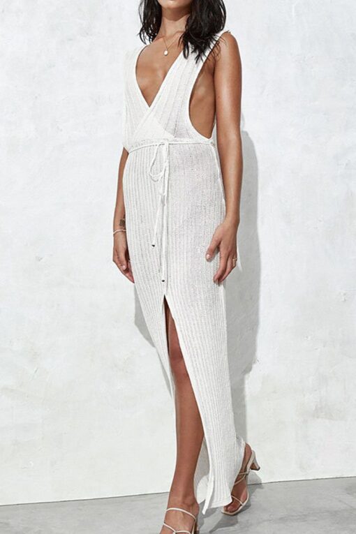 Ribbed Knit V Neck High Slit Sleeveless Cover Ups Maxi Dresses - Image 6