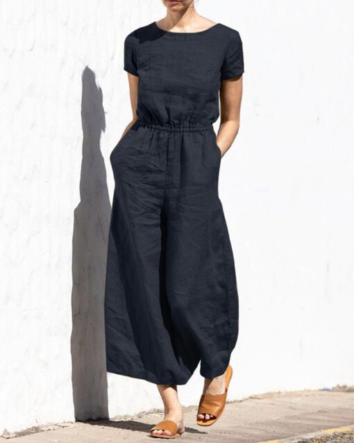 Solid Color Short Sleeve Round-neck Cotton Linen Wide Leg Jumpsuit