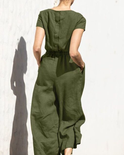 Solid Color Short Sleeve Round-neck Cotton Linen Wide Leg Jumpsuit - Image 5