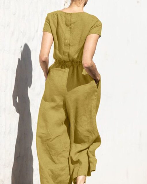 Solid Color Short Sleeve Round-neck Cotton Linen Wide Leg Jumpsuit - Image 6