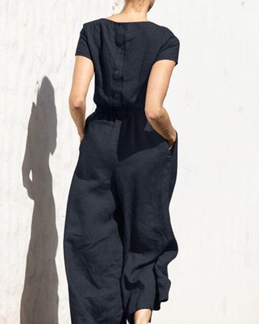 Solid Color Short Sleeve Round-neck Cotton Linen Wide Leg Jumpsuit - Image 2