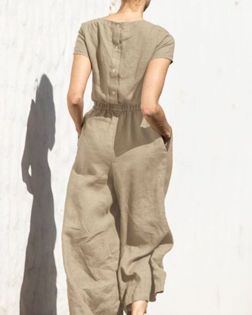 Solid Color Short Sleeve Round-neck Cotton Linen Wide Leg Jumpsuit - Image 4