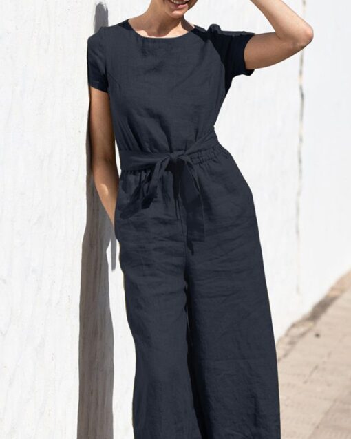 Solid Color Short Sleeve Round-neck Cotton Linen Wide Leg Jumpsuit - Image 9