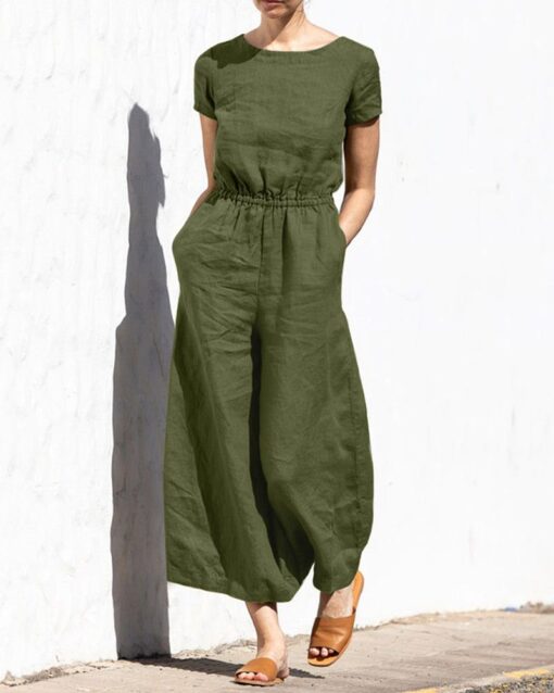 Solid Color Short Sleeve Round-neck Cotton Linen Wide Leg Jumpsuit - Image 7