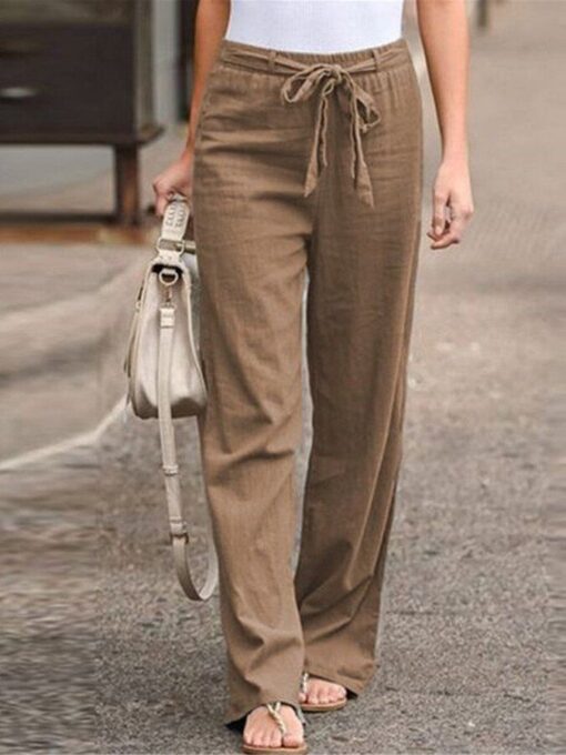 Women's Elastic Waist Solid Color Cotton Linen Loose Trousers