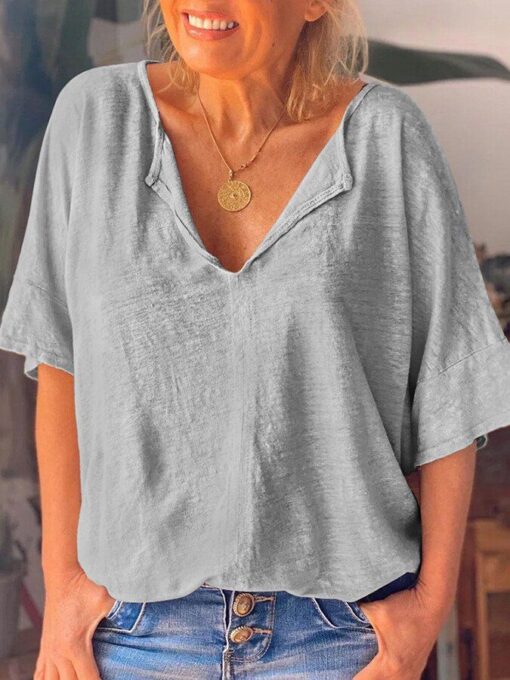 Women's Solid V-neck Cotton Linen Short Sleeve T-shirt - Image 3