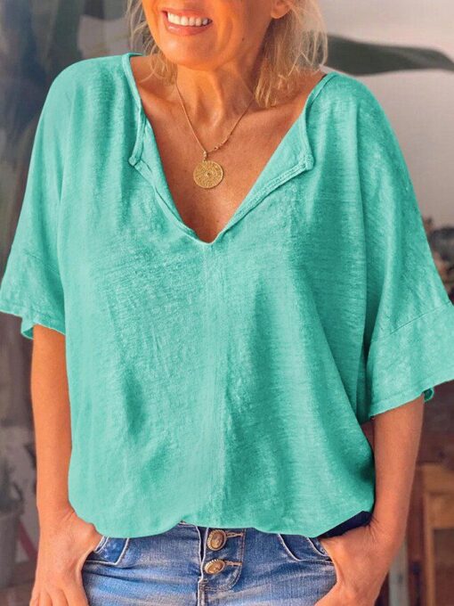 Women's Solid V-neck Cotton Linen Short Sleeve T-shirt - Image 12