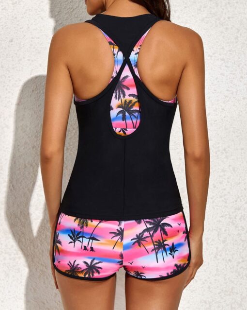 Pink Palm 3 Piece Tank Bathing Suits with Shorts and Racerback Sports Bra Tankini Set - Image 2