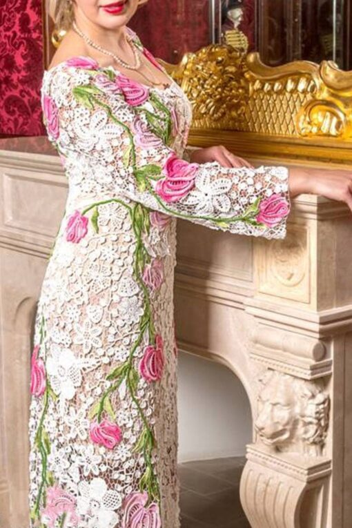 Irish Symmetrical Floral lace Crochet Pattern Long Sleeve Midi Dress