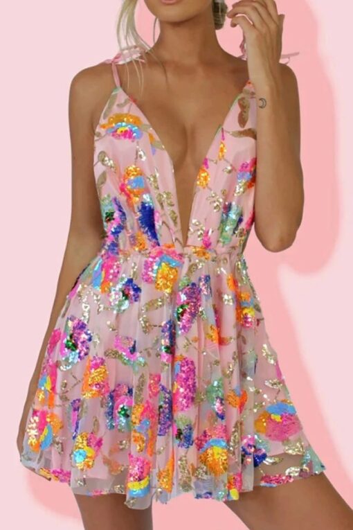 Deep V Neck Sequin Print Backless Birthday Party Mini Dresses - Image 5