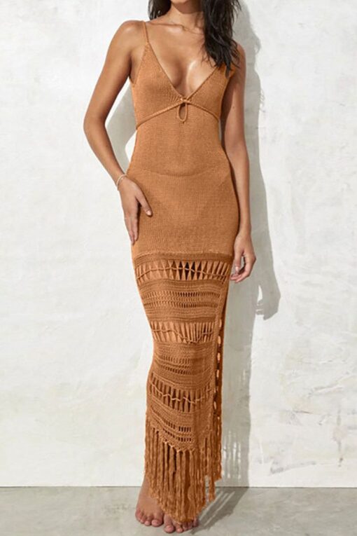 Hollow Out Knit Fringed V Neck Cover Ups Slip Maxi Dresses - Image 5