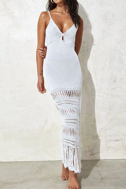 Hollow Out Knit Fringed V Neck Cover Ups Slip Maxi Dresses - Image 8