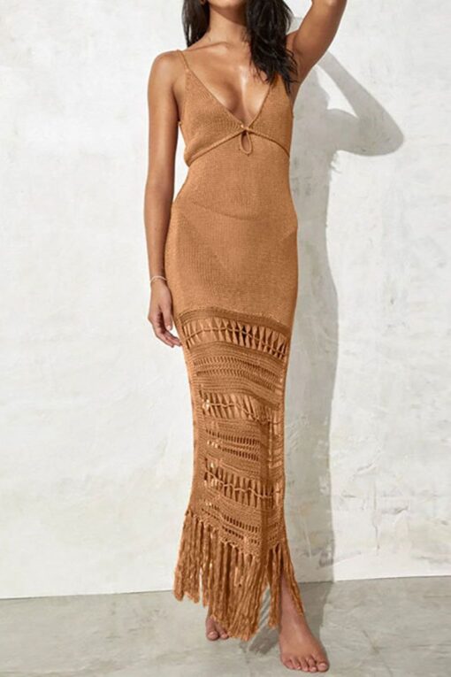 Hollow Out Knit Fringed V Neck Cover Ups Slip Maxi Dresses - Image 6