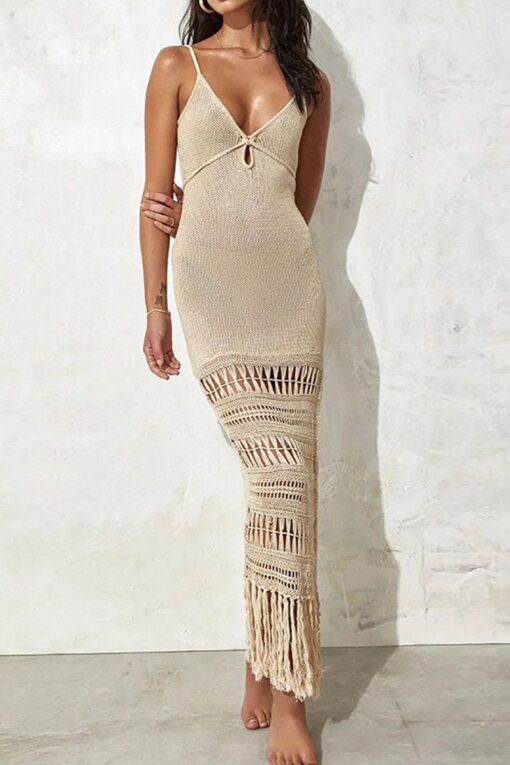 Hollow Out Knit Fringed V Neck Cover Ups Slip Maxi Dresses - Image 19