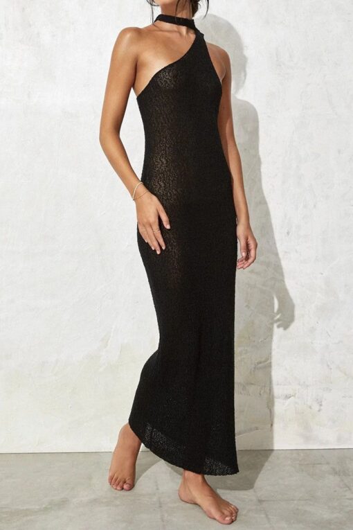 Knit Halter Tie Up Boat Neck Sleeveless Bodycon Maxi Dress - Image 2