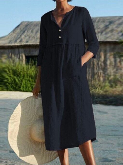 Round Neck Button Pocket Cotton Linen Medium Sleeve Solid Dress