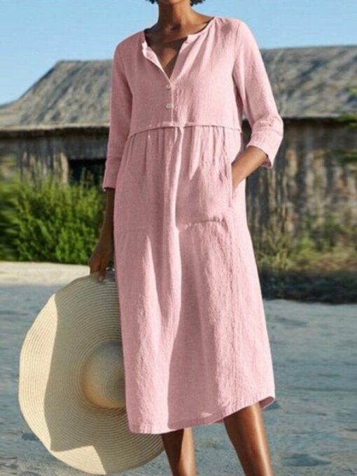 Round Neck Button Pocket Cotton Linen Medium Sleeve Solid Dress - Image 2