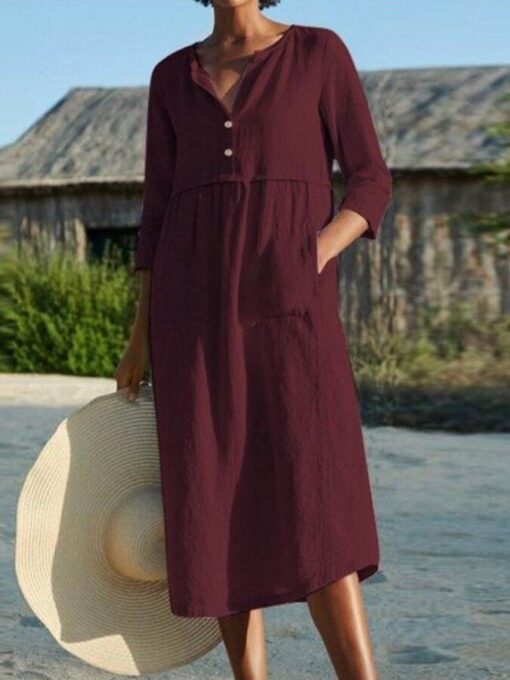 Round Neck Button Pocket Cotton Linen Medium Sleeve Solid Dress - Image 4