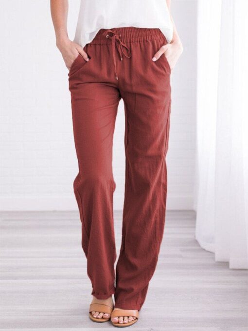 Women's Solid Color Cotton Linen Loose Casual Trousers - Image 3