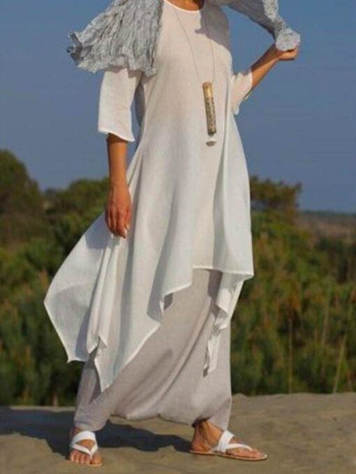 Women's Loose Cotton Linen Solid Dress - Image 5