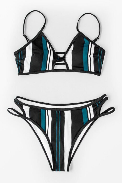 Striped Printed Hollow Bikini - Image 3