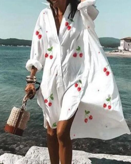 Fashion Cherry Print Shirt Dress