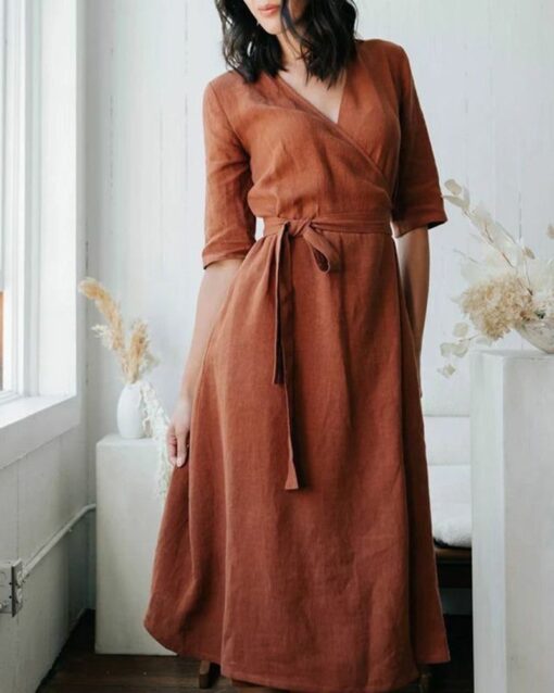 Copper Wrap Dress with Pockets Long Sleeves A Line Fitted Waist Dress - Image 3