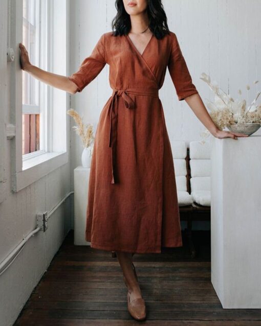 Copper Wrap Dress with Pockets Long Sleeves A Line Fitted Waist Dress - Image 2