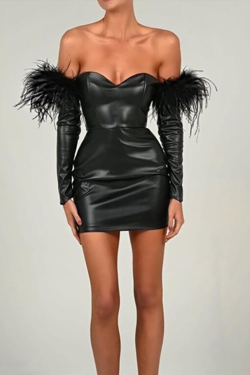 Off Shoulder Feather Long Sleeve PU Leather Bodycon Party Mini Dresses - Image 3