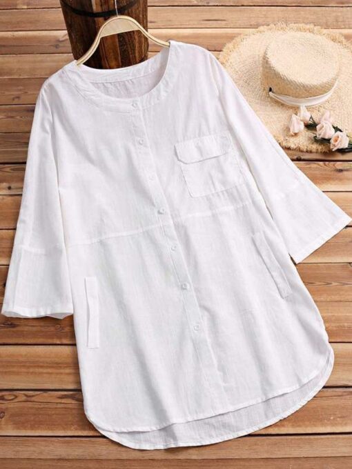 Women's Casual Pure Color Literary Cotton And Linen Shirt - Image 5