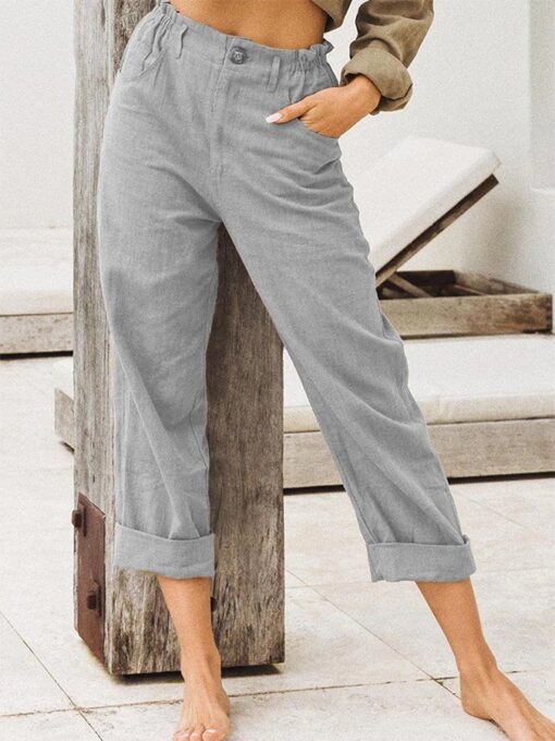 Women's Cotton Linen Loose High Waist Casual Trousers - Image 2