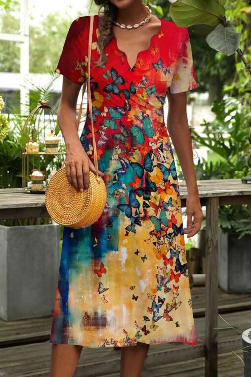 Colorful Butterfly Pattern Print Short Sleeve Midi Dress - Image 2