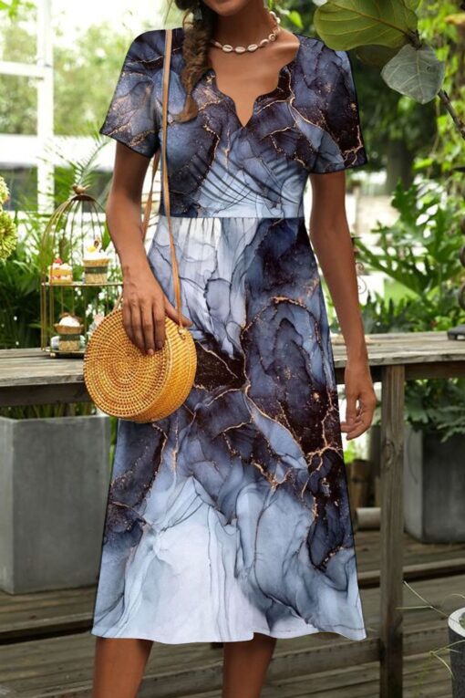 Marble Geometric Pattern Print Short Sleeve Midi Dress