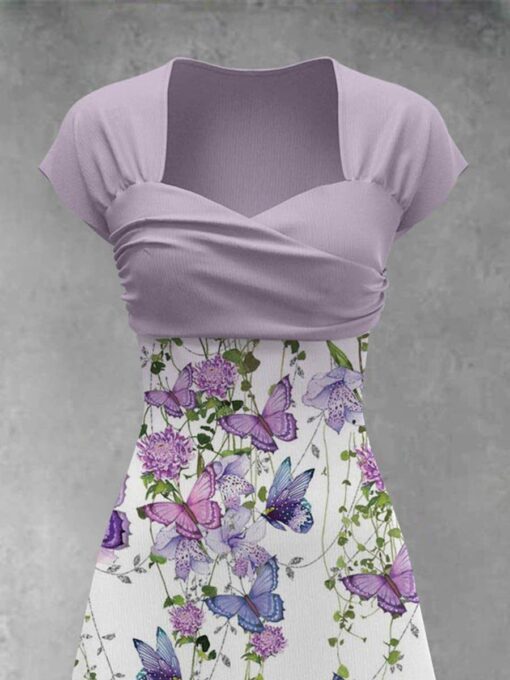 Purple Floral Butterfly Artistic Patchwork Casual Maxi Dress - Image 3