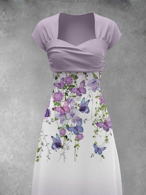 Purple Floral Butterfly Artistic Patchwork Casual Maxi Dress - Image 2