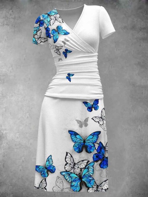 Women's Butterfly Art Print Short Sleeve Midi Dress