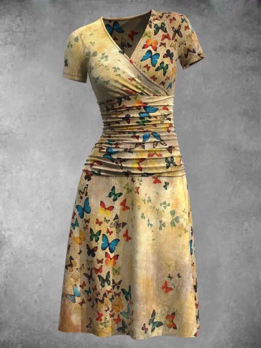 Women's Butterfly Art Short Sleeve Print Midi Dress