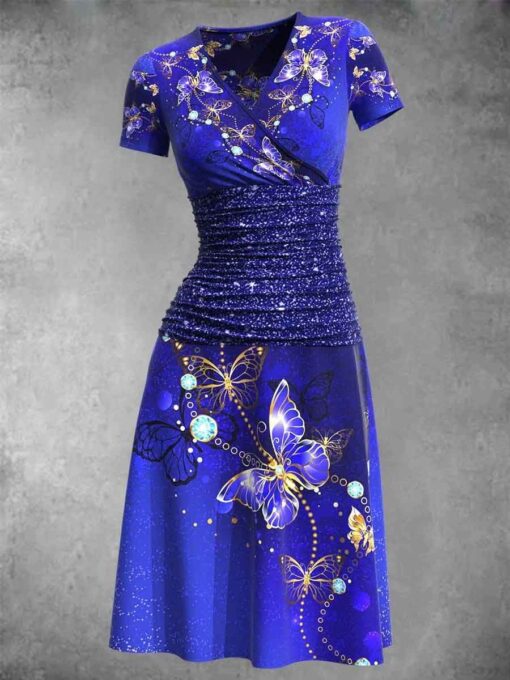 Women's Butterfly Art Short Sleeve Print Midi Dress