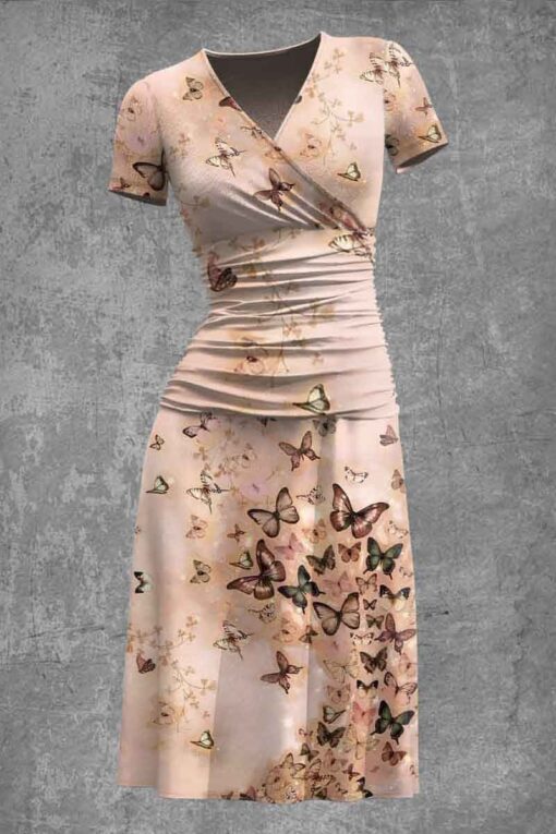 Women's Elegant Butterfly Art Print Short Sleeve Midi Dress - Image 2