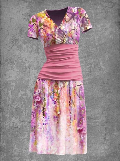 Women's Floral Art Print Short Sleeve Midi Dress