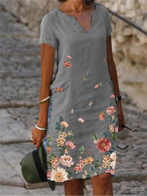 Ladies Cotton Linen Print Short Sleeve Mid Length V Neck Dress - Image 6