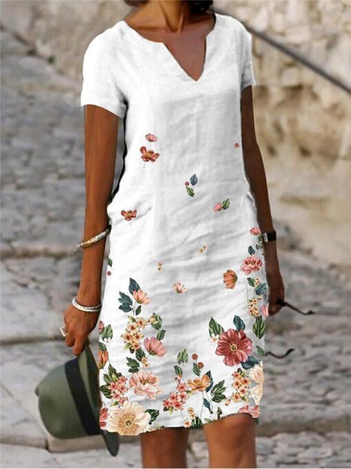 Ladies Cotton Linen Print Short Sleeve Mid Length V Neck Dress - Image 4