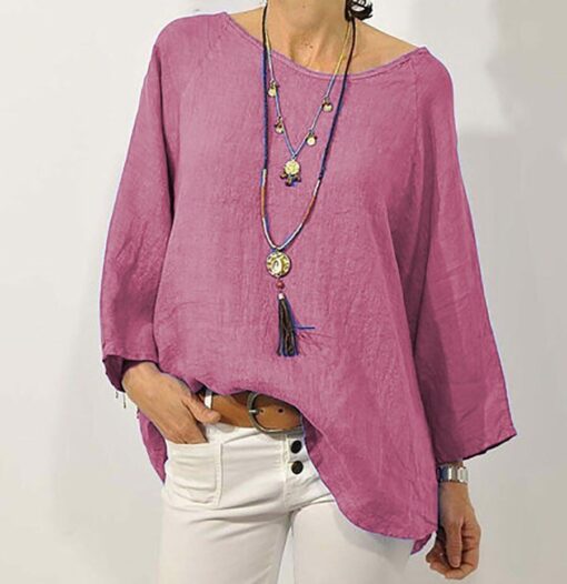 Pure Color Casual Cotton And Linen Round Neck Top - Image 4