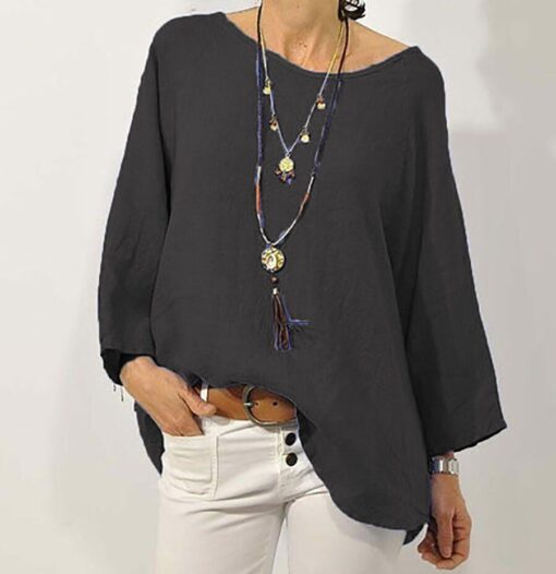 Pure Color Casual Cotton And Linen Round Neck Top - Image 5