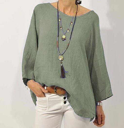 Pure Color Casual Cotton And Linen Round Neck Top - Image 3