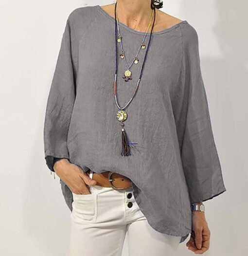 Pure Color Casual Cotton And Linen Round Neck Top - Image 2