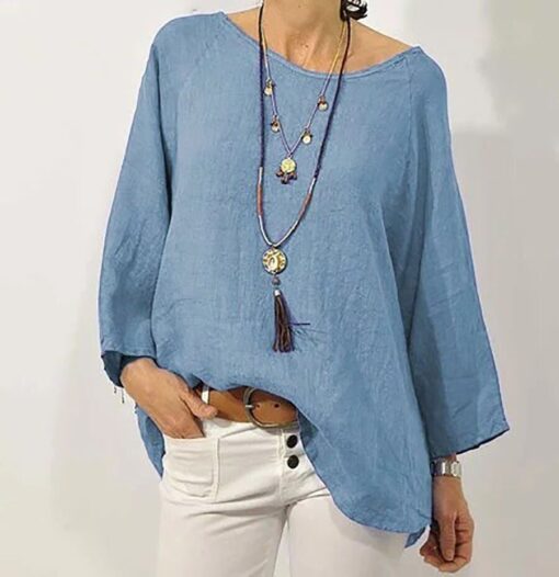 Pure Color Casual Cotton And Linen Round Neck Top - Image 6